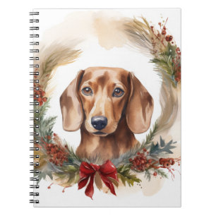 Caderno Espiral Dachshund Christmas Wreath Festivo Pup
