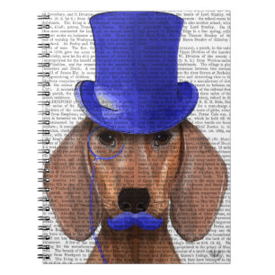 Caderno Espiral Dachshund com chapéu azul e bigode azul
