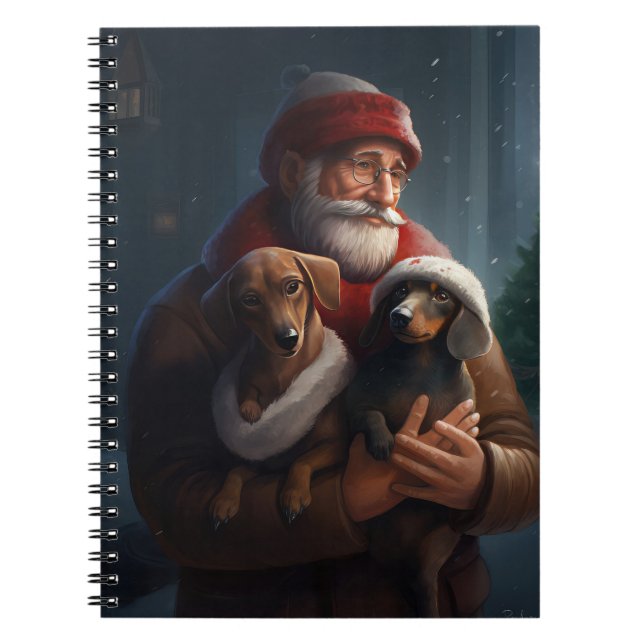 Caderno Espiral Dachshund Com Papai Noel Natal Festivo (Frente)