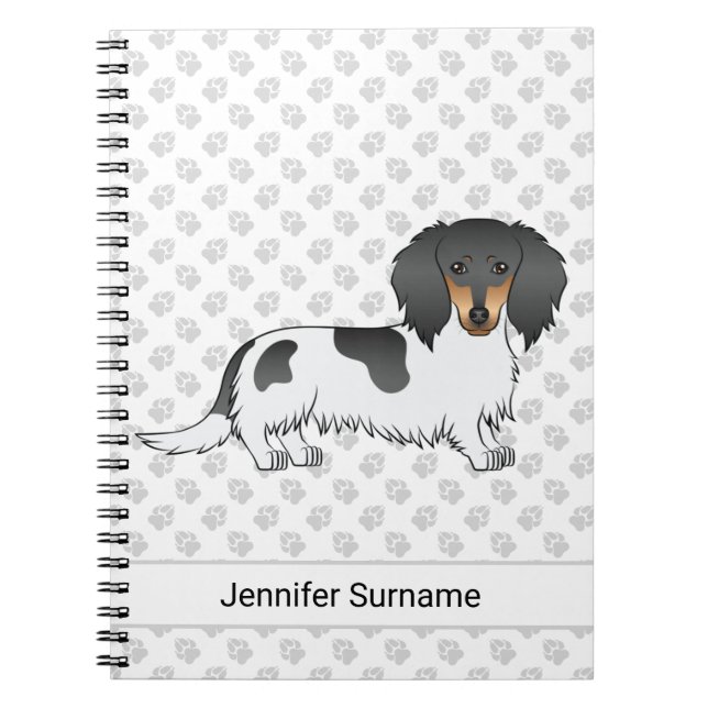 Caderno Espiral Dachshund de Pelo Longo Preto e Marrom Piebald & T (Frente)