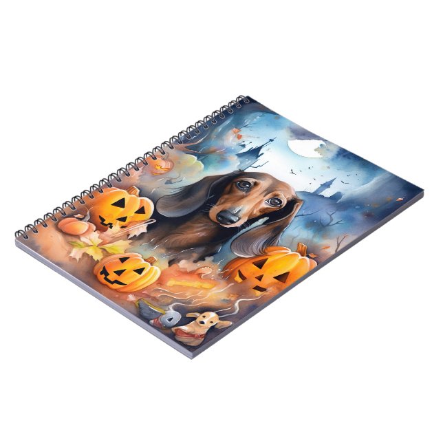 Caderno Espiral Dachshund Halloween com Abóboras Assustador (Left Side)