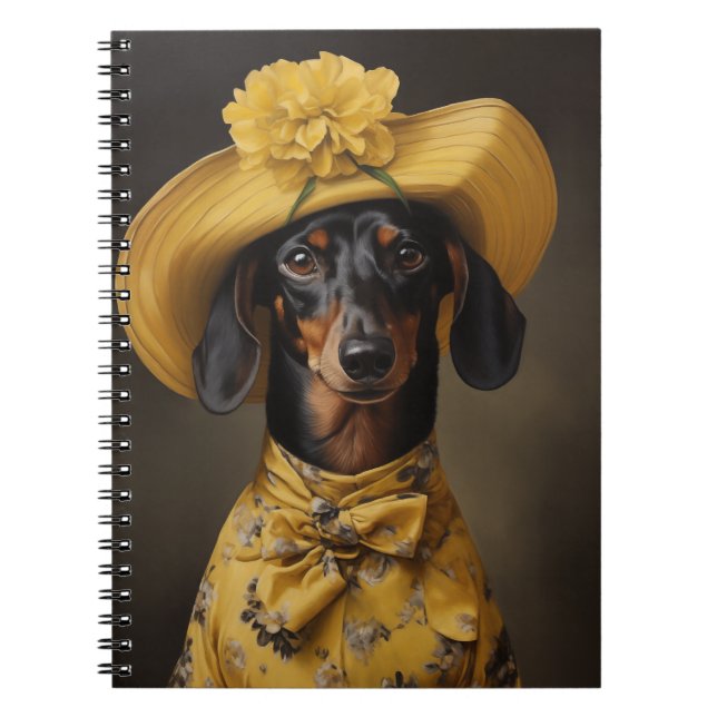 Caderno Espiral Dachshund sofisticado em amarelo (Frente)