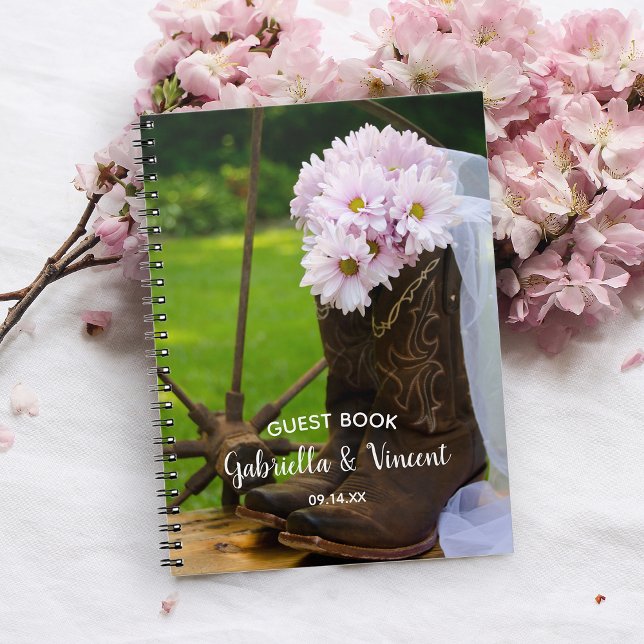 Caderno Espiral Daisies cor-de-rosa Boots Western Weds Guest Book (Criador carregado)