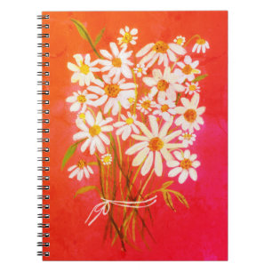 Caderno Espiral Daisy Flower Buquê Watercolor Vermelho