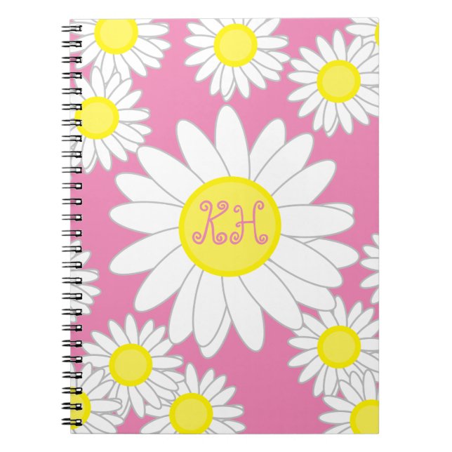 Caderno Espiral Daisy Monograma Cor-de-rosa branco e amarelo (Frente)