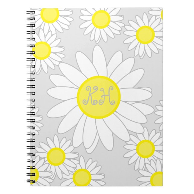 Caderno Espiral Daisy Monogramas Cinzas prateadas brancas e amarel (Frente)