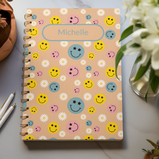 Caderno Espiral Daisy Smile Flowers Padrão Vintage beige personali