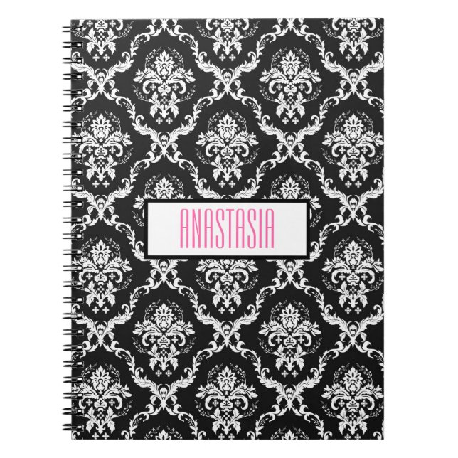 Caderno Espiral Damasco Branco Com Monograma (Frente)