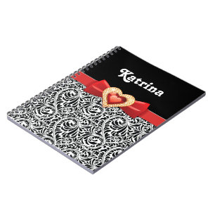Caderno Espiral Damasco branco preto glamoroso & arco e jóia