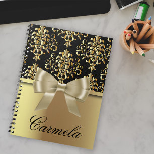 Caderno Espiral Damasco Dourado E Preto Com Gravação De Arco E N
