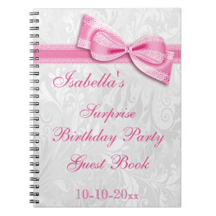Caderno Espiral Damasco e arco da festa de aniversário da SURPRES