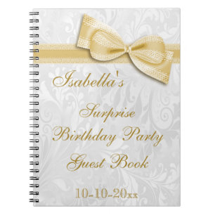 Caderno Espiral Damasco e arco da festa de aniversário da SURPRES