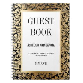 Caderno Espiral Damasco floral dourado do Guestbook | do casamento