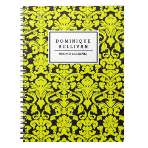 Caderno Espiral Damasco Floral Preto e Amarelo Personalizado