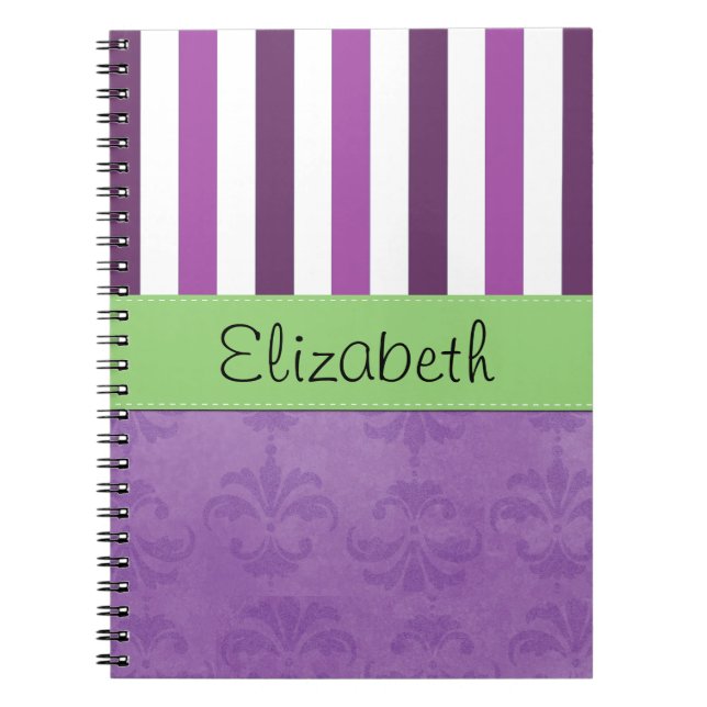 Caderno Espiral Damasco Roxo, Stripes Roxas, Stripes Rachadas, Seu (Frente)