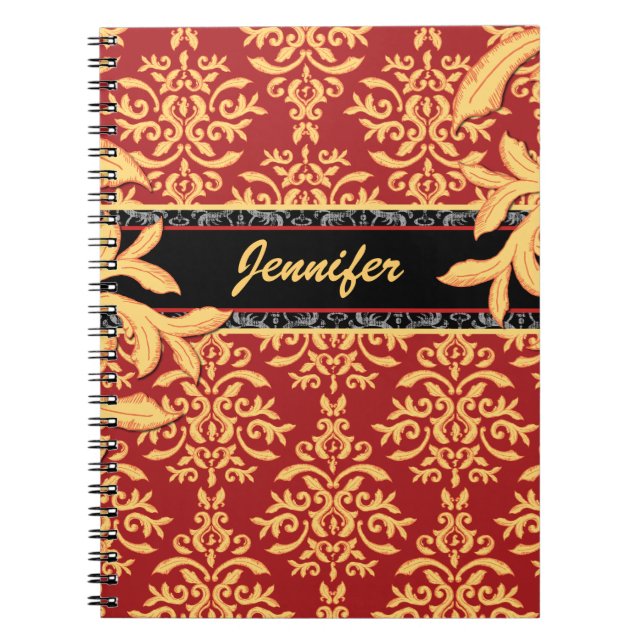 Caderno Espiral Damasco vermelho e Dourado dourado elegante (Frente)