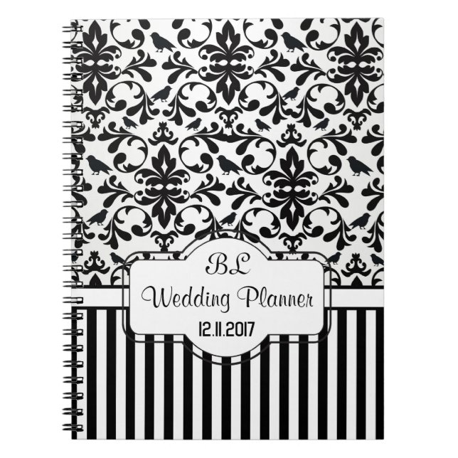 Caderno Espiral Damask Black White stripes Nupo Planner de Casamen (Frente)