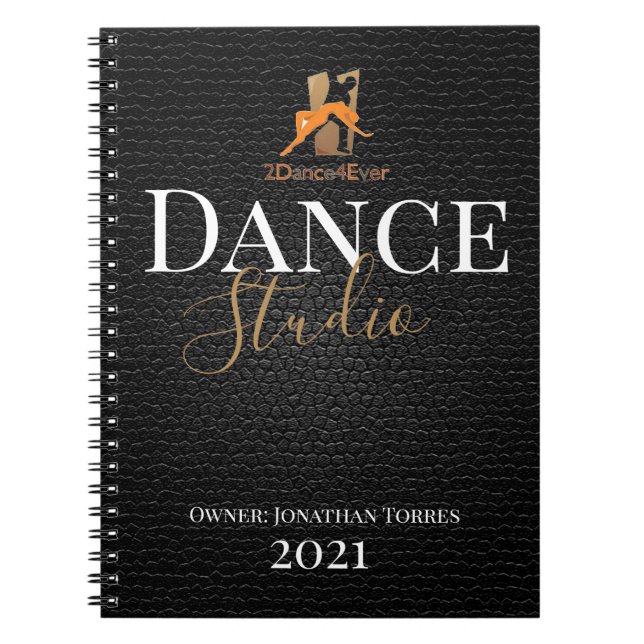 Caderno Espiral Dance studio, script personalizado de couro preto (Frente)