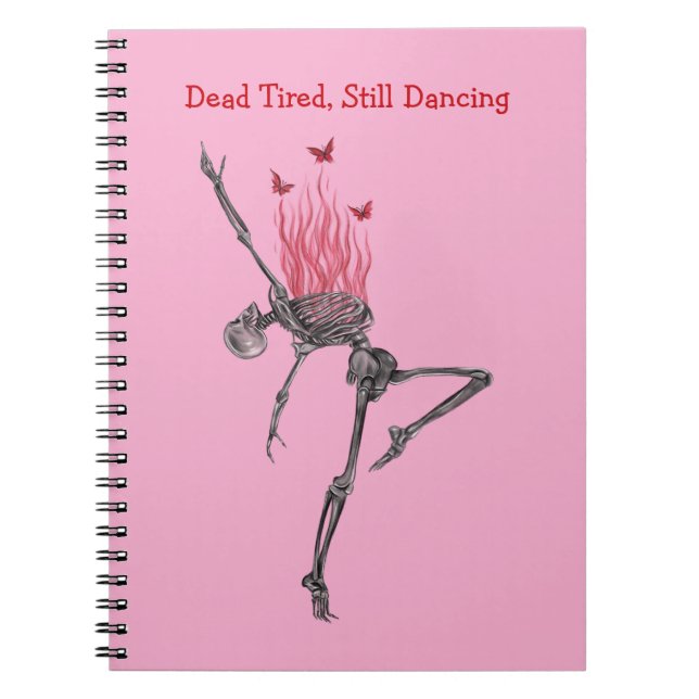 Caderno Espiral Dancing Red Fire Flames Skeleton Illustration Pink (Frente)