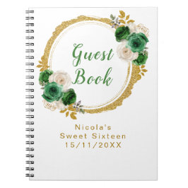 Caderno Espiral Dark Green and Gold Elegant Flowers Sweet Sixteen