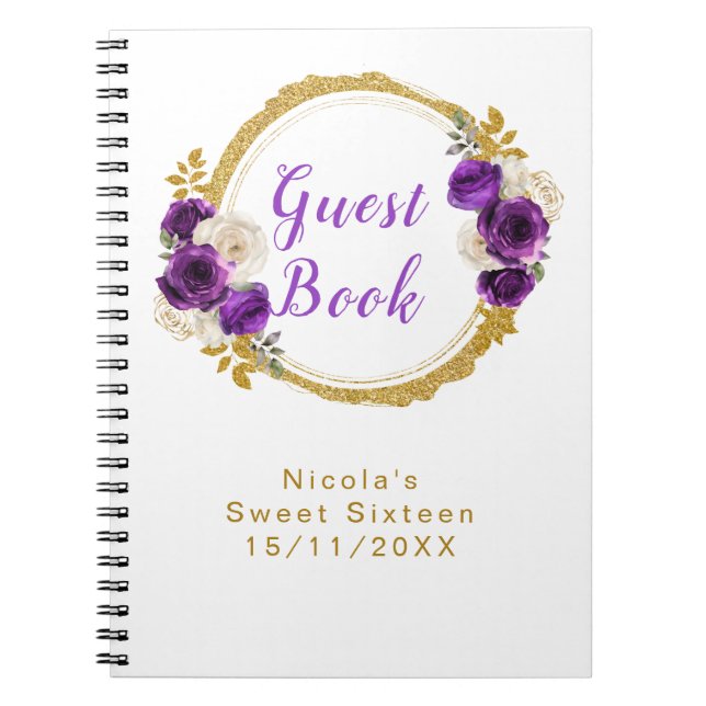 Caderno Espiral Dark Purple and Gold Elegant Flower Sweet Sixteen (Frente)
