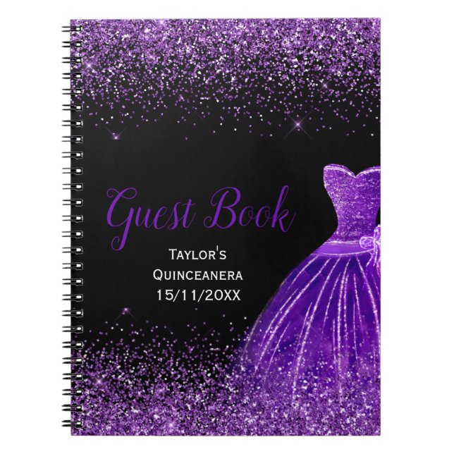 Caderno Espiral Dark Purple Dress Faux Glitter Quinceanera Guest (Frente)