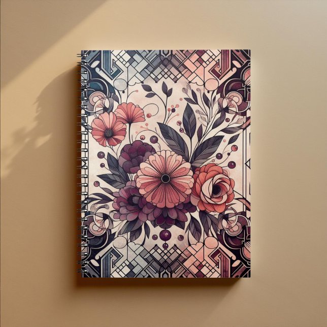 Caderno Espiral Dark Romance Burgundy Art Deco Floral Summer (Criador carregado)