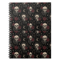 Caderno Espiral de Crânio Gótico e Rosa Vermelha