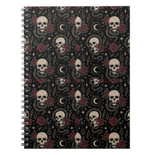 Caderno Espiral de Crânio Gótico e Rosa Vermelha