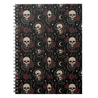 Caderno Espiral de Crânio Gótico e Rosa Vermelha