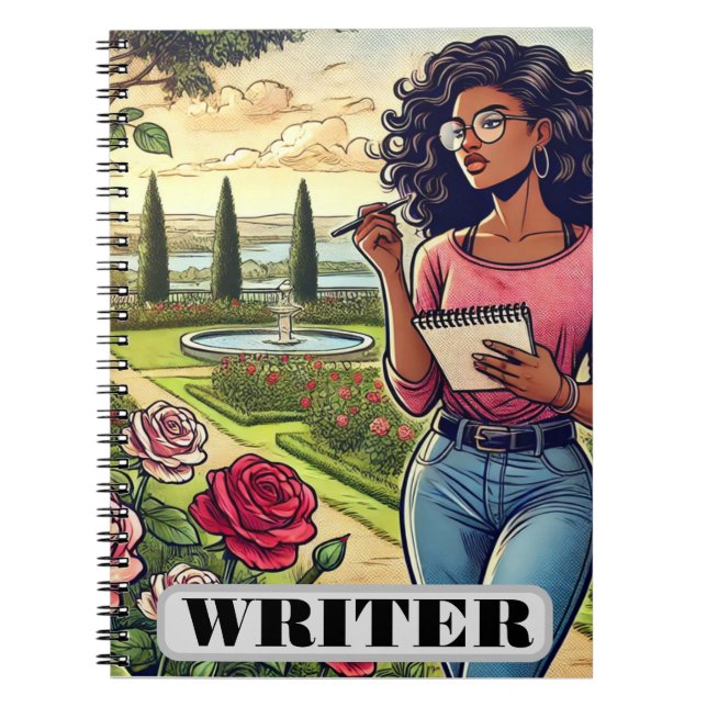 Caderno espiral de escritor em jardim de rosas (Frente)