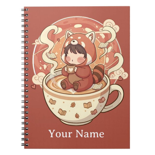 Caderno Espiral de Estudo de Café Panda Vermelho K (Frente)