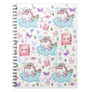 Caderno Espiral de Gato Arco-íris Unicórnio Rosa e
