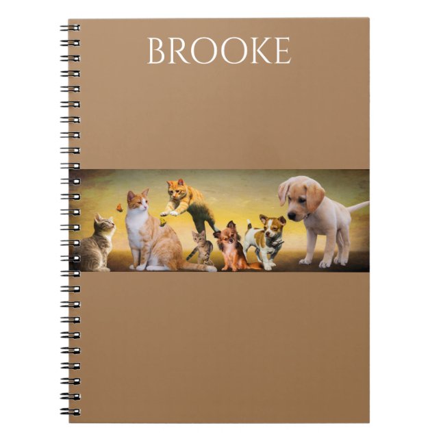 Caderno espiral de gatos e cães com nome personali (Frente)