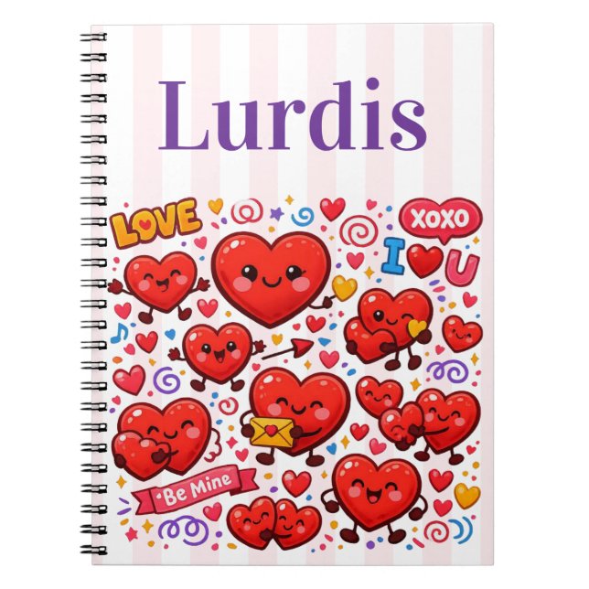Caderno Espiral de Listra Rosa e Branco Fofo Coraç (Frente)
