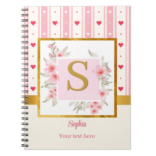 Caderno Espiral de Monograma Floral Elegante e Már