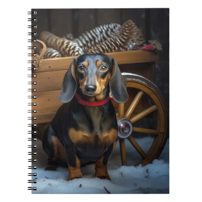 Caderno Espiral Decoração de Natal Dachshund Snowy Sleigh (Frente)