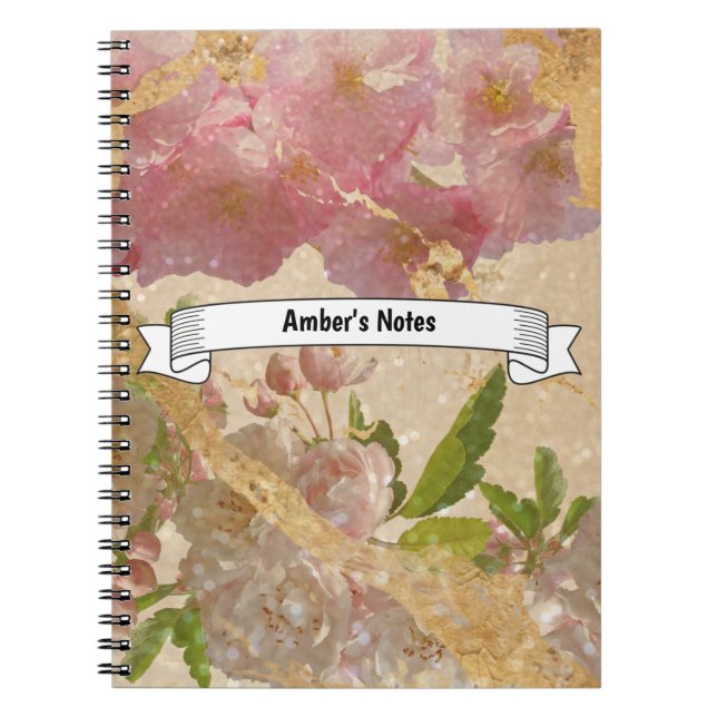 Caderno Espiral Decoupage Floral do Shimmer Dourado Elegante de Te (Frente)