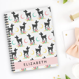 Caderno Espiral Deer Pattern, Baby Deer, Boho, Flores, Seu Nome