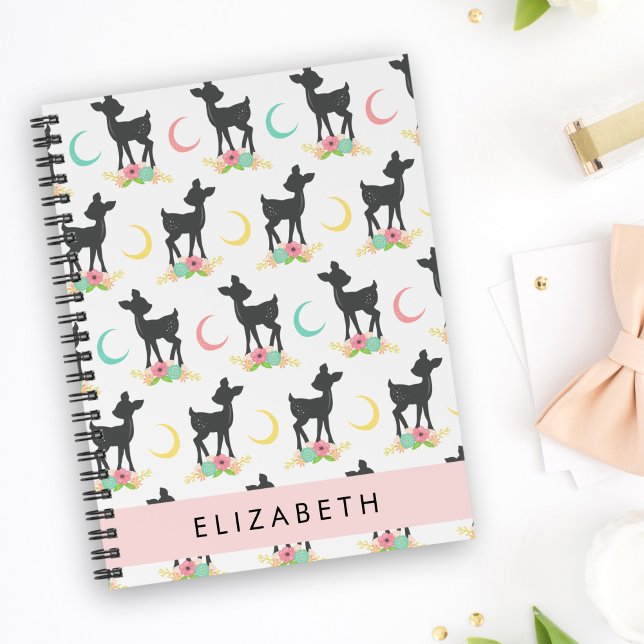 Caderno Espiral Deer Pattern, Baby Deer, Boho, Flores, Seu Nome (Criador carregado)