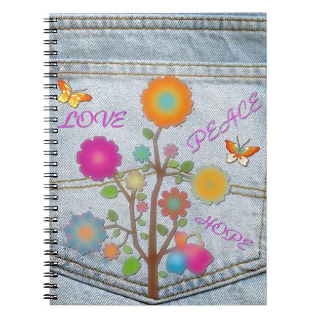 Caderno Espiral Denim Back Pocket Flores Paz Esperança (Frente)