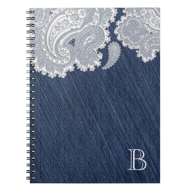 Caderno Espiral Denim Jean & White Lace Elegant Bridal Casamento (Frente)