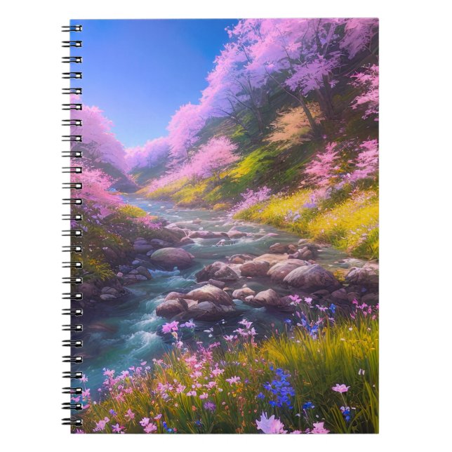 Caderno Espiral Descida do Stream através de Cherry Blossom Hill (Frente)