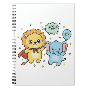 Caderno Espiral Desenho animado de amigos leão e elefante super-he