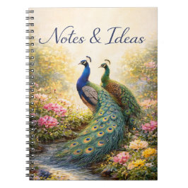 Caderno Espiral Desenho de Casal de Pavão Elegante | Natureza Esté