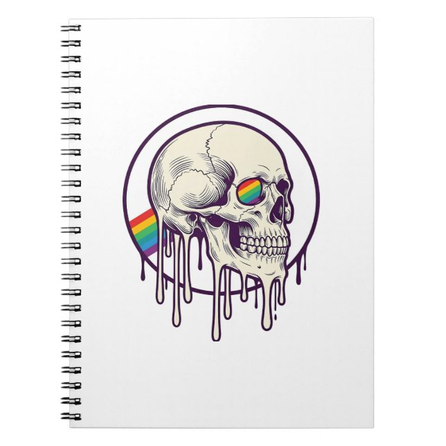 Caderno Espiral Desenho de crânio pingando arco-íris com gravação  (Frente)