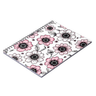 Caderno Espiral Desenho de esboço de flores e folhas cor-de-rosa