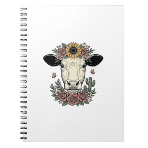 Caderno Espiral Desenho de Gravura Vintage de Cabeça de Vaca Flora