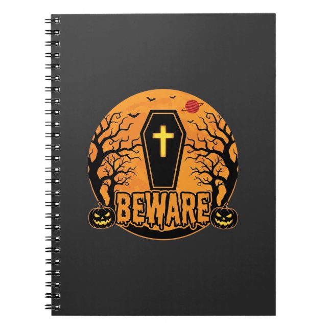 Caderno Espiral Desenho de Horror de Abóbora Cuidado Caixão de Hal (Frente)