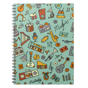 Caderno Espiral Desenho de instrumentos musicais, padrão sem falh
